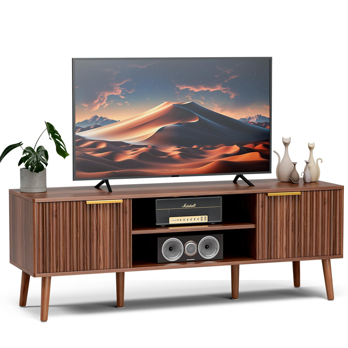 Walnut TV Stand with Fluted Doors F54784