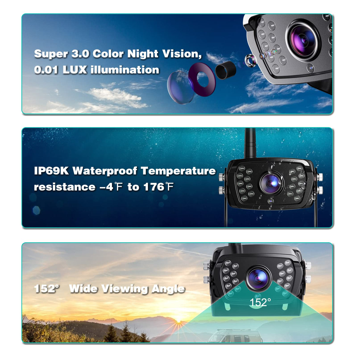 Wireless Backup Camera 7 Inch Monitor Rear View Camera System IP69 Waterproof Night Vision Y784991