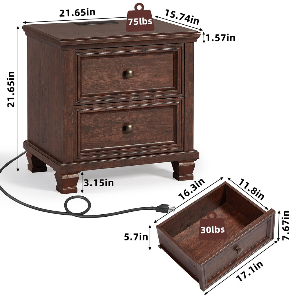 Nightstand Set of 2 with Charging Stations, 2 Drawers, Walnut U6162