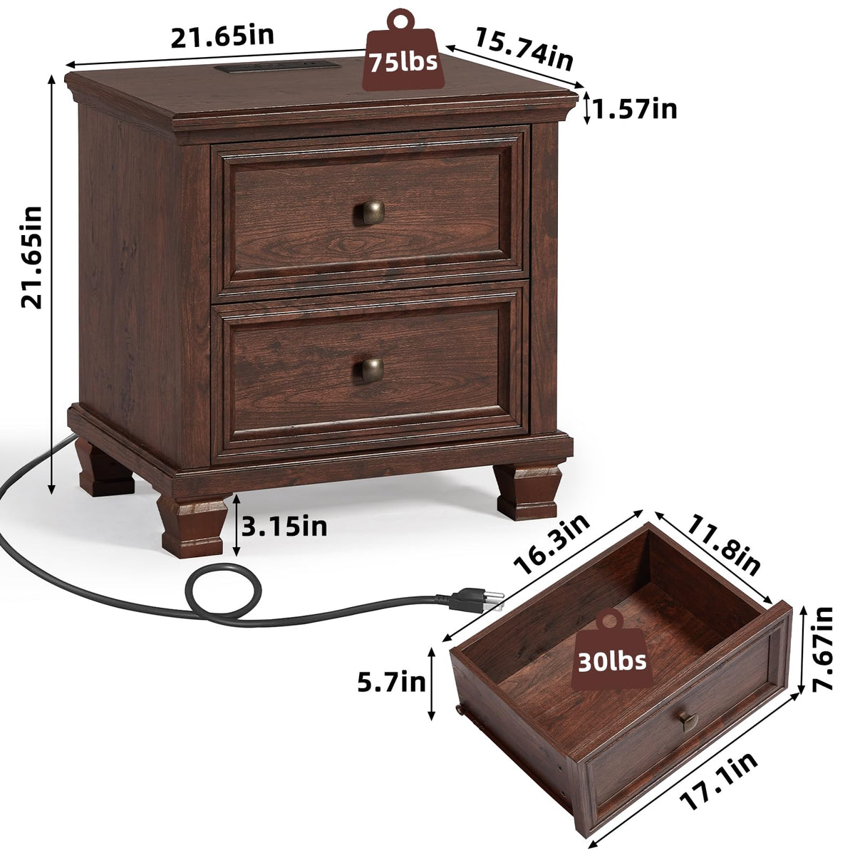 Nightstand Set of 2 with Charging Stations, 2 Drawers, Walnut U6162
