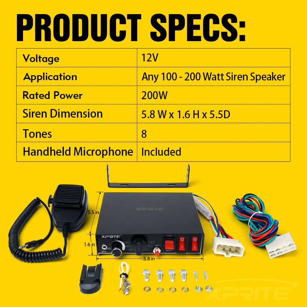 200 Watt 8 Tones Emergency Warning Siren PA System Kit with Handheld Microphone L636899