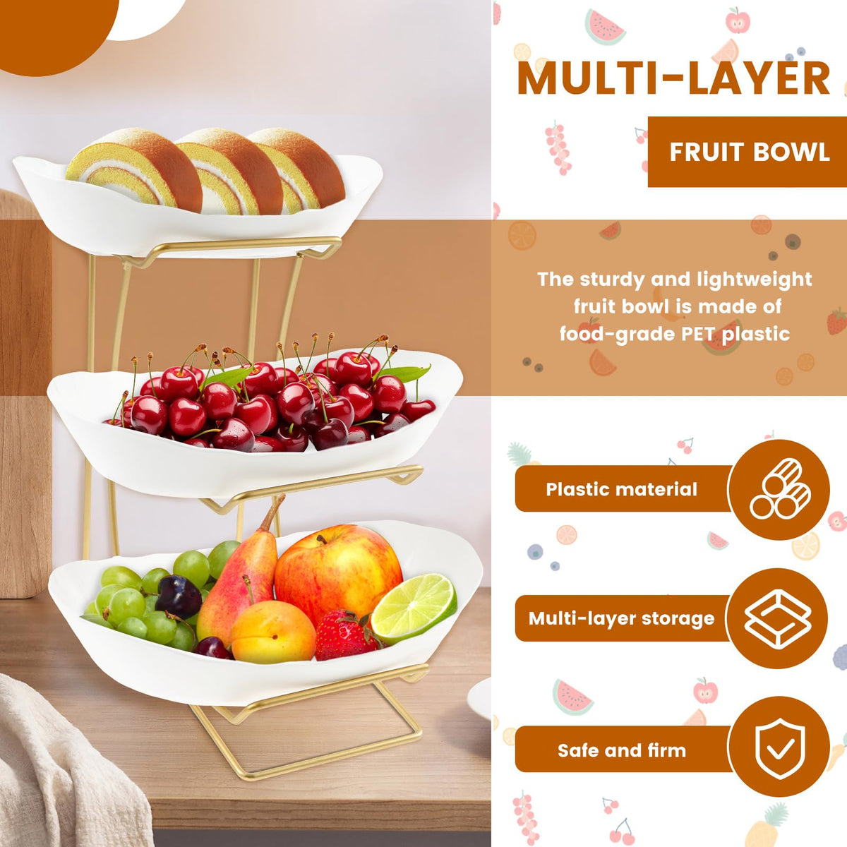 3 Tier Fruit Basket with Gold Metal Stand A4247