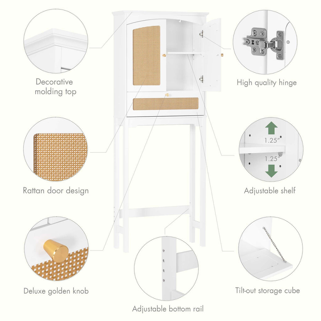 Over the Toilet Storage Cabinet with Arched Rattan Doors, White Q3069