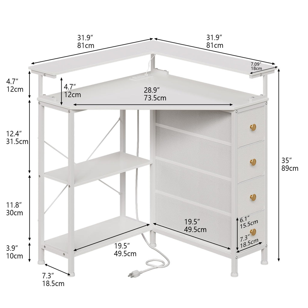 White Corner Desk with Drawers Shelves and Power Outlets I519
