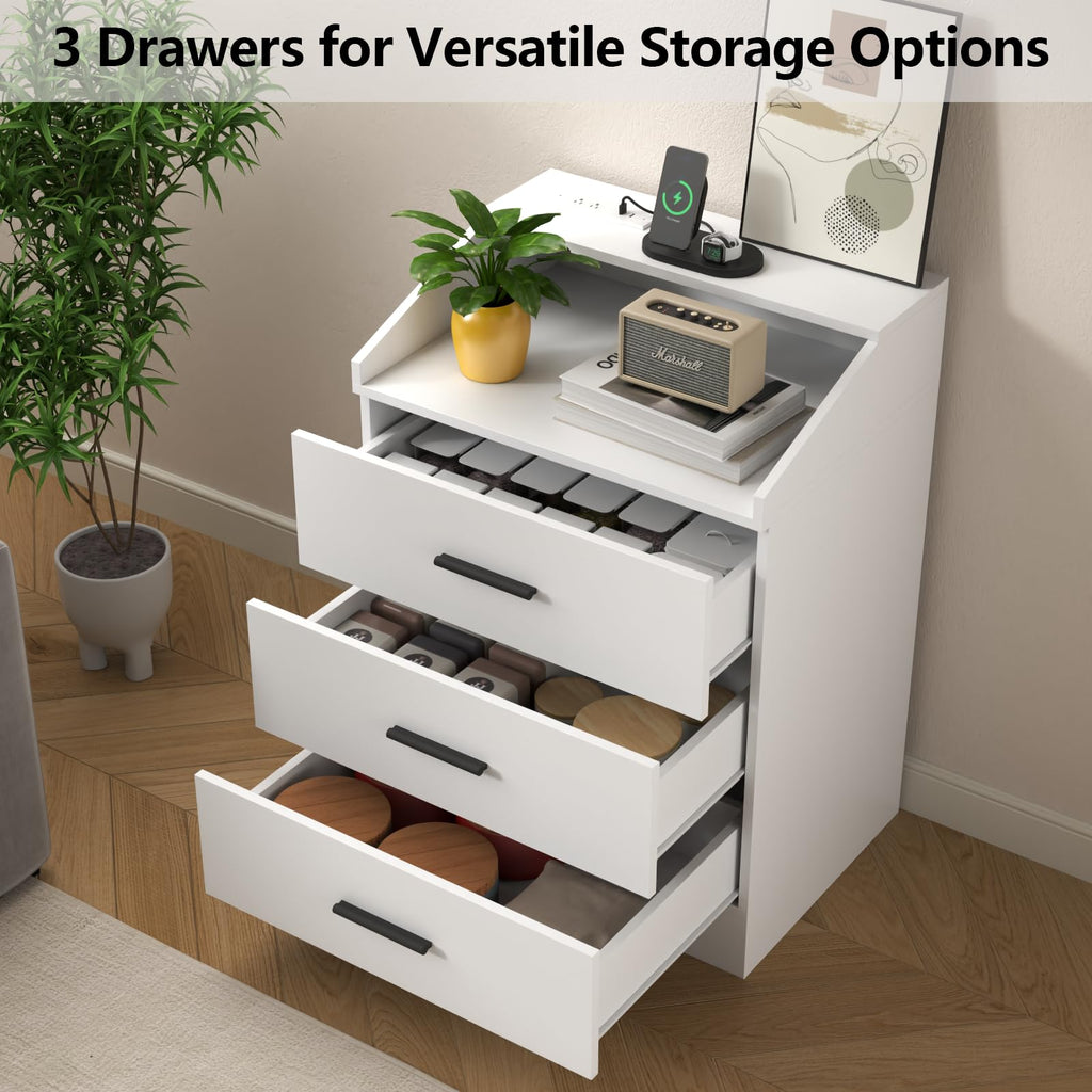 White 3 Drawer Nightstand with Charging Station D41931