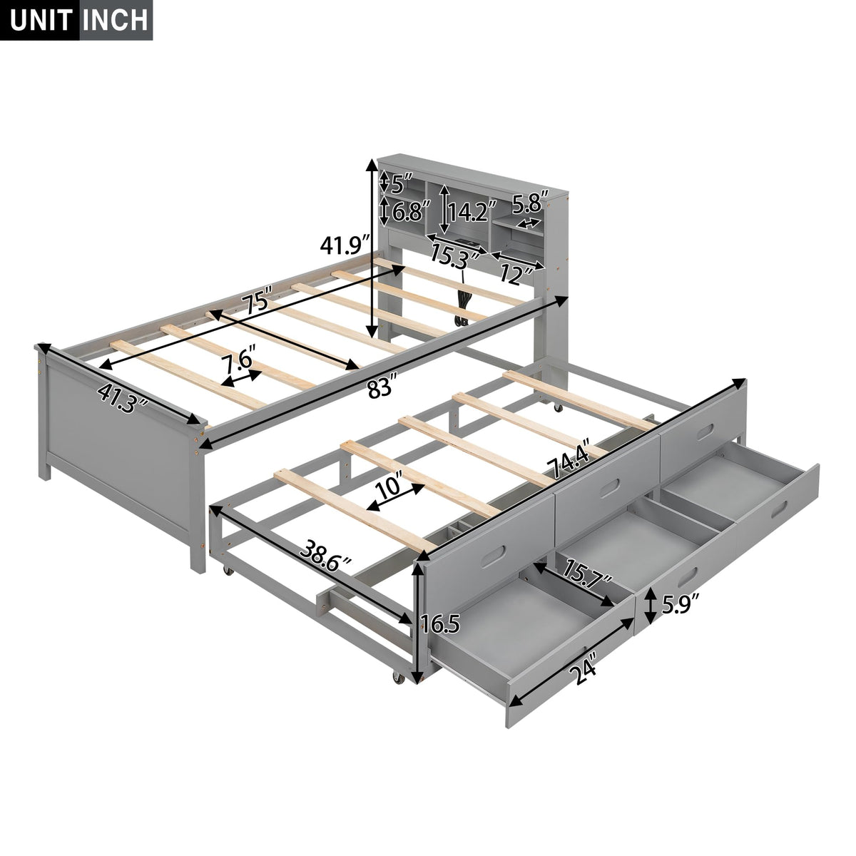 Twin Size Wood Platform Bed with Trundle and 3 Drawers E1215