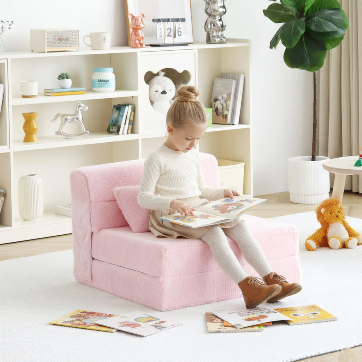 Pink Plush Convertible Folding Kids Sofa Bed with Pillow & Storage Bag J48309