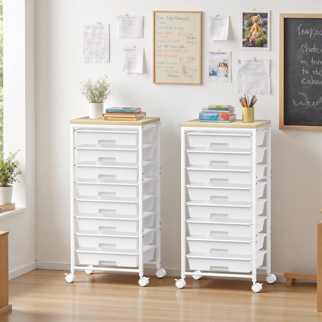 White 8 Drawer Rolling Storage Cart with Wooden Tabletop F479