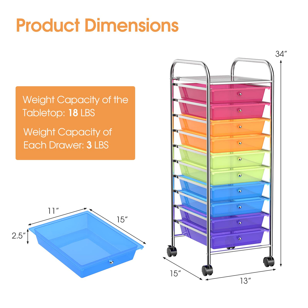 10 Drawer Multicolor Rolling Storage Cart F1112
