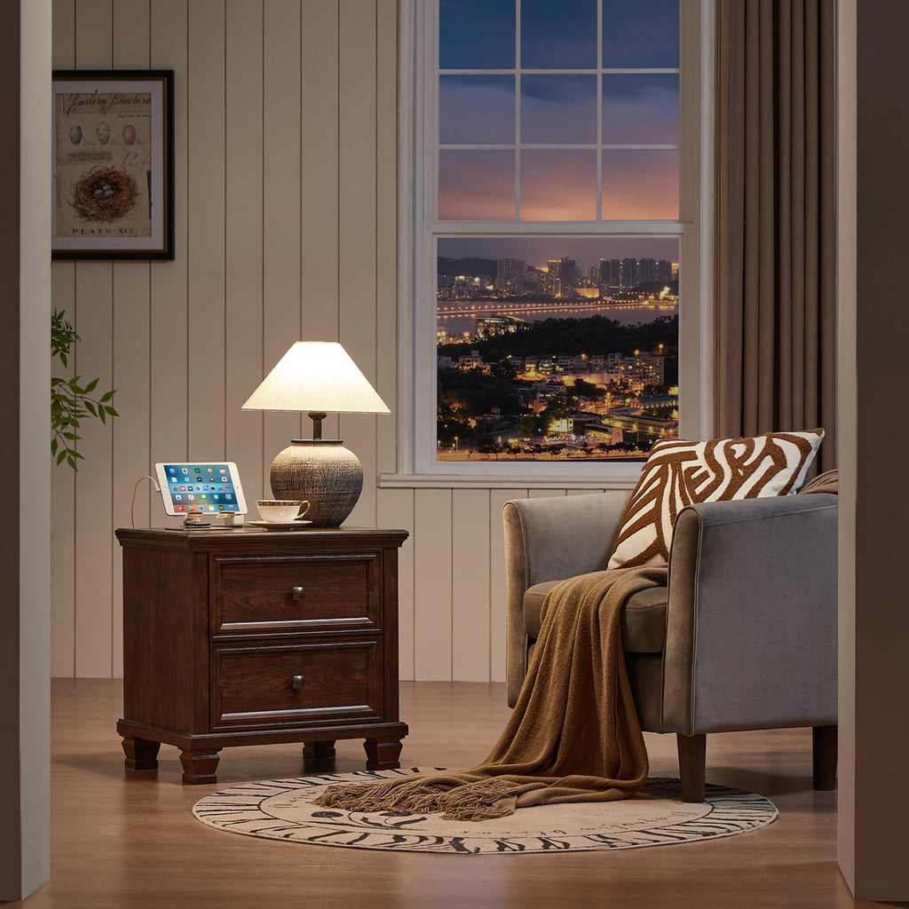Nightstand Set of 2 with Charging Stations, 2 Drawers, Walnut U6162