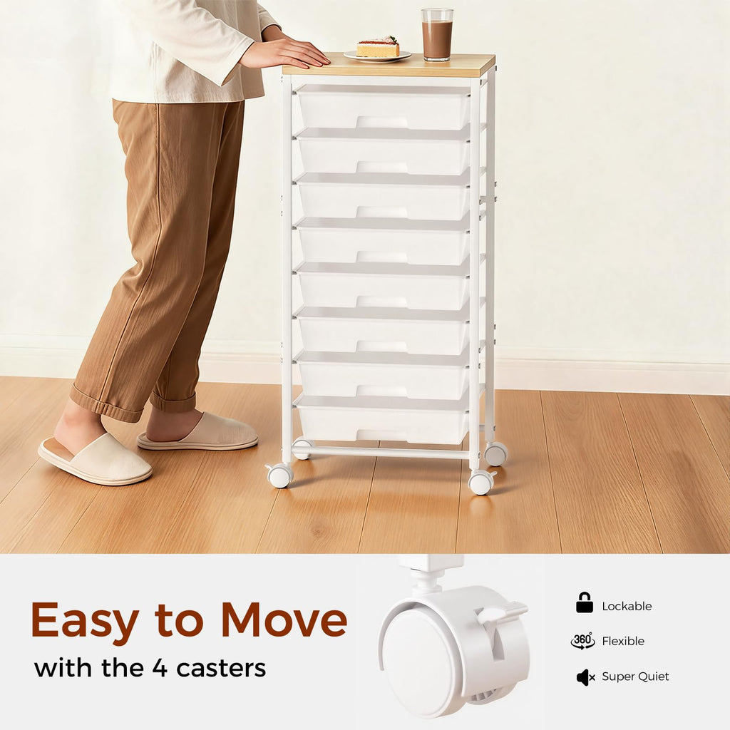 White 8 Drawer Rolling Storage Cart with Wooden Tabletop F479