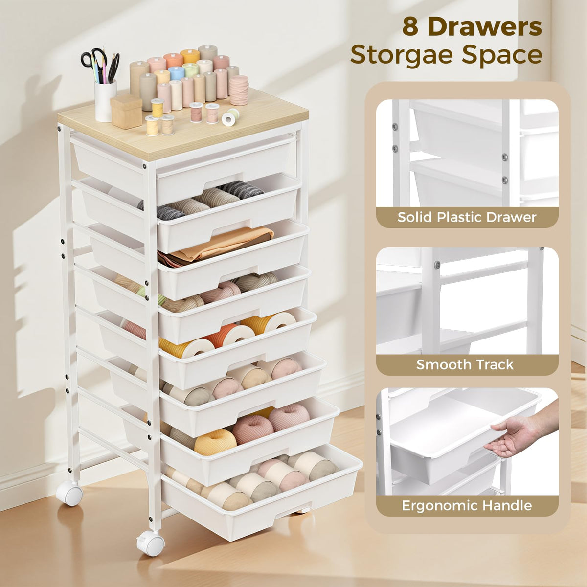 White 8 Drawer Rolling Storage Cart with Wooden Tabletop F479