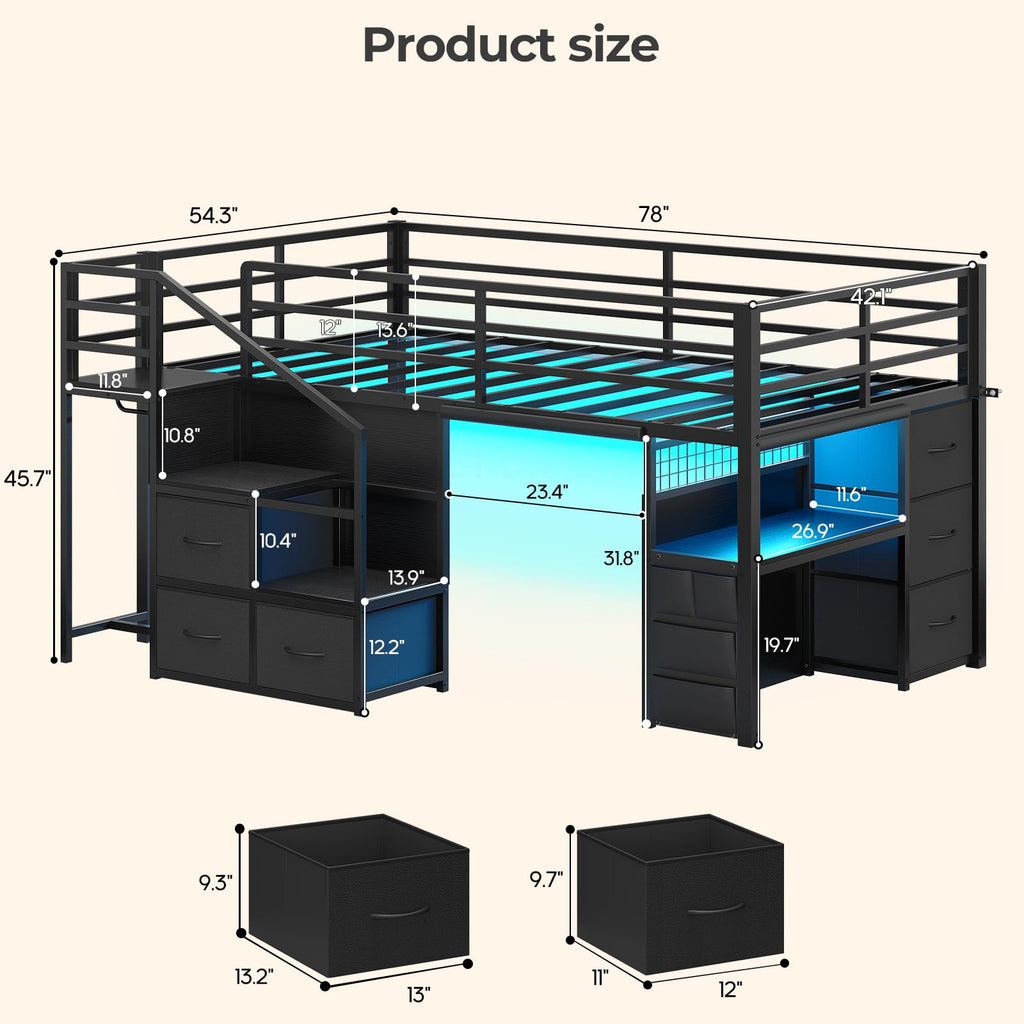 Twin Low Loft Bed with Stairs, Desk, 6 Storage Drawers, Black M216