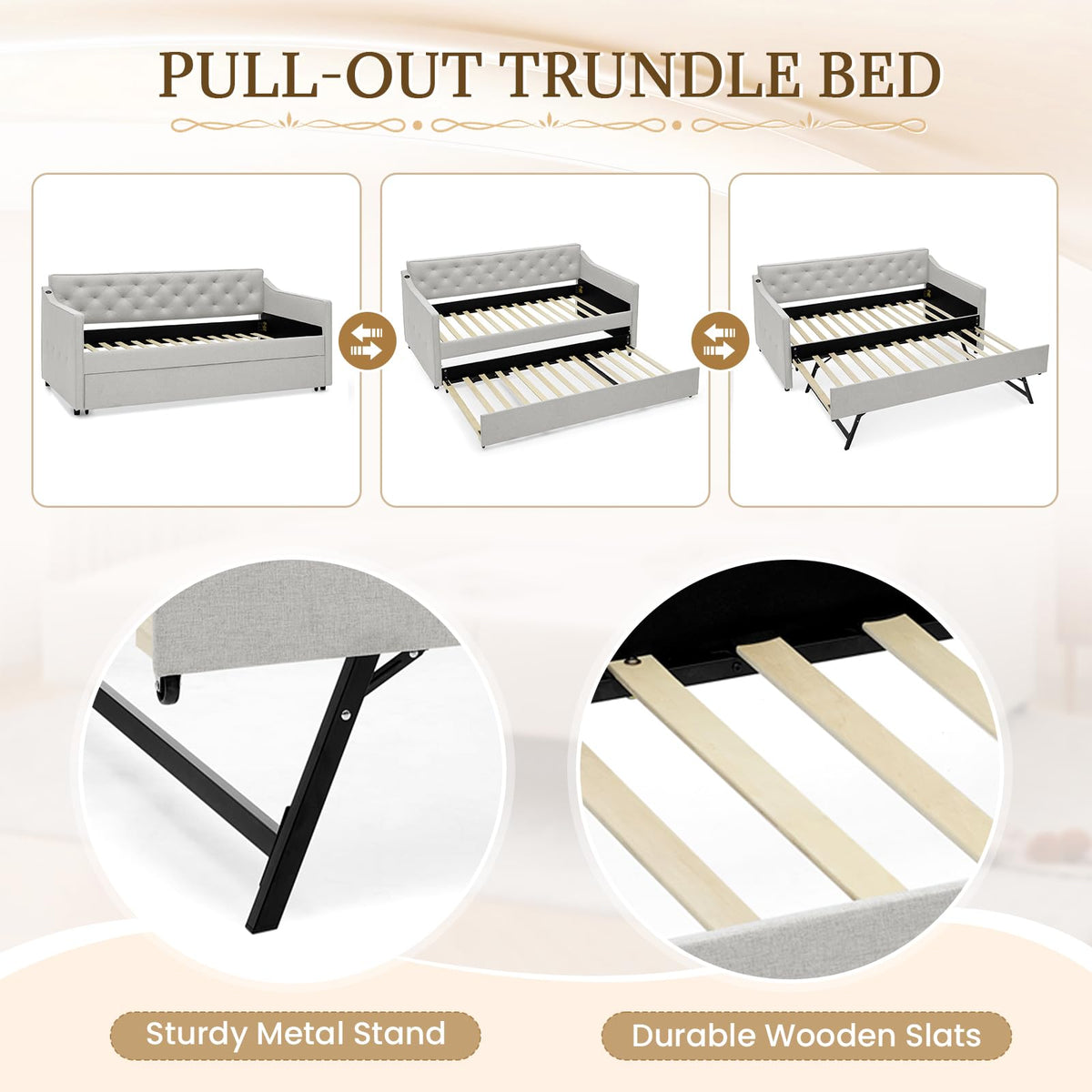 Twin to King Upholstered Tufted Linen Daybed with Pop Up Trundle L925689