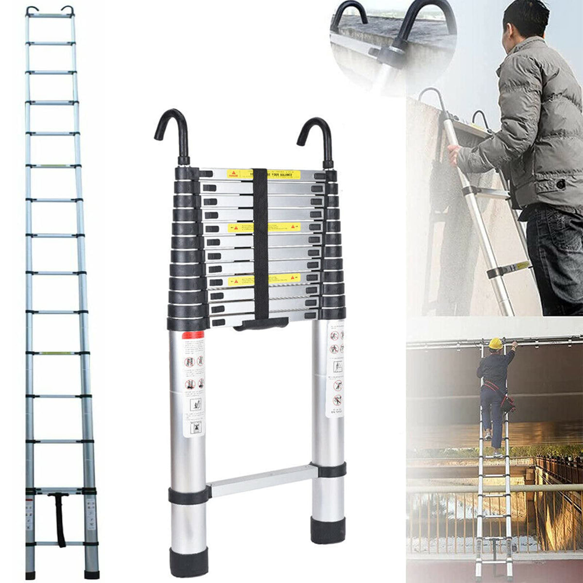 Aluminum Telescoping Ladder with Hooks, 20.3FT One Button Retraction 330lbs Capacity B74195
