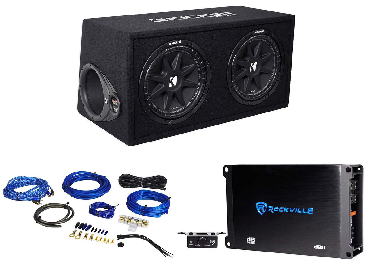 Dual 12" Subwoofers in Vented Sub Box Enclosure with Mono Car Amp and Amp Installation Kit E417699