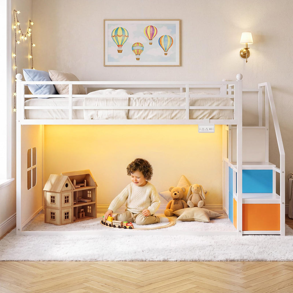 White Twin Over Twin Bunk Bed with Stairs and 3 Storage Drawers I544731