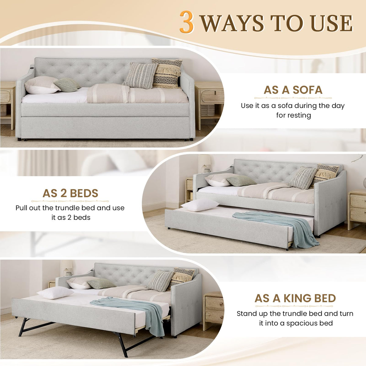 Twin to King Upholstered Tufted Linen Daybed with Pop Up Trundle L925689