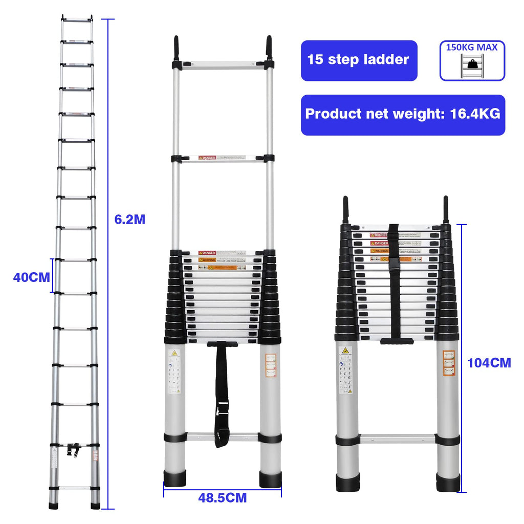 Aluminum Telescoping Ladder with Hooks, 20.3FT One Button Retraction 330lbs Capacity B74195