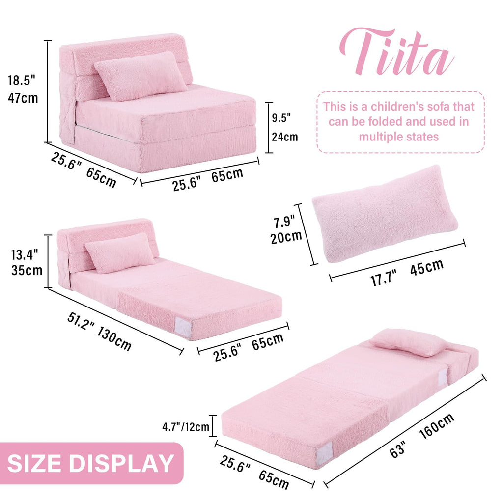 Pink Plush Convertible Folding Kids Sofa Bed with Pillow & Storage Bag J48309