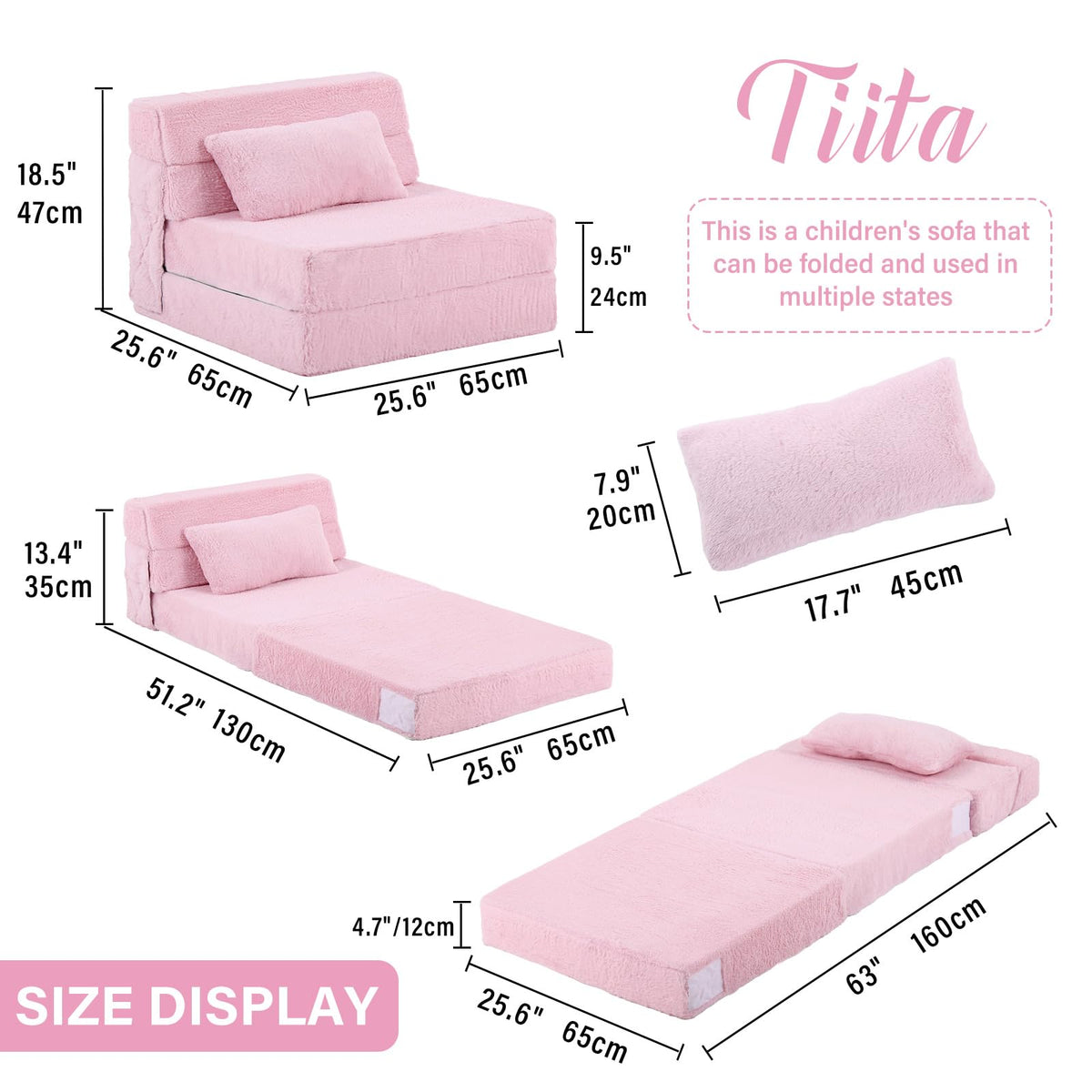Pink Plush Convertible Folding Kids Sofa Bed with Pillow & Storage Bag J48309