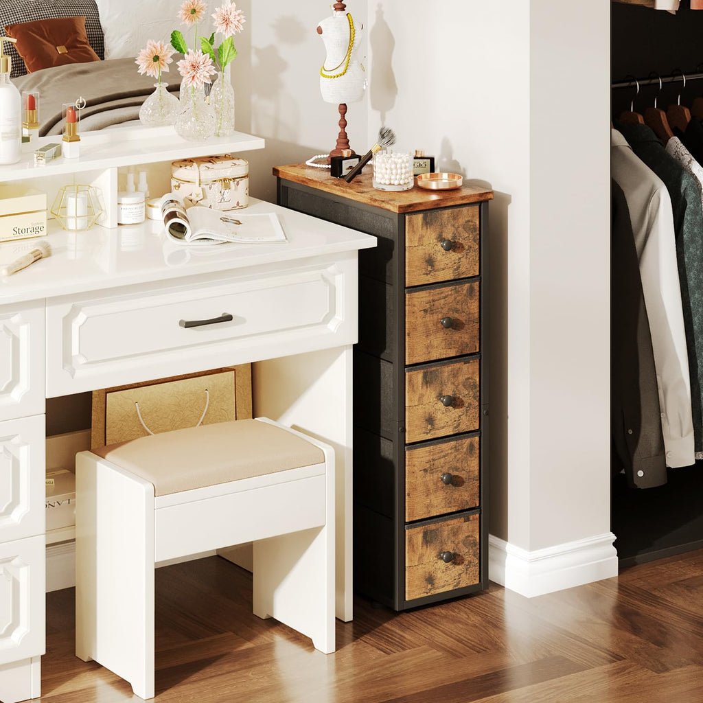 Narrow 5 Fabric Drawers Rustic Brown Dresser R25220