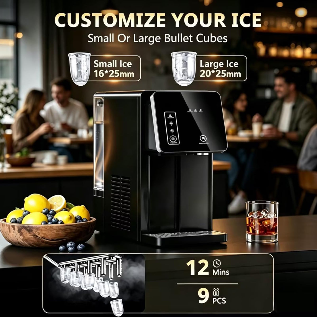 2-in-1 Countertop Ice Maker Machine with Water Dispenser, Black T252