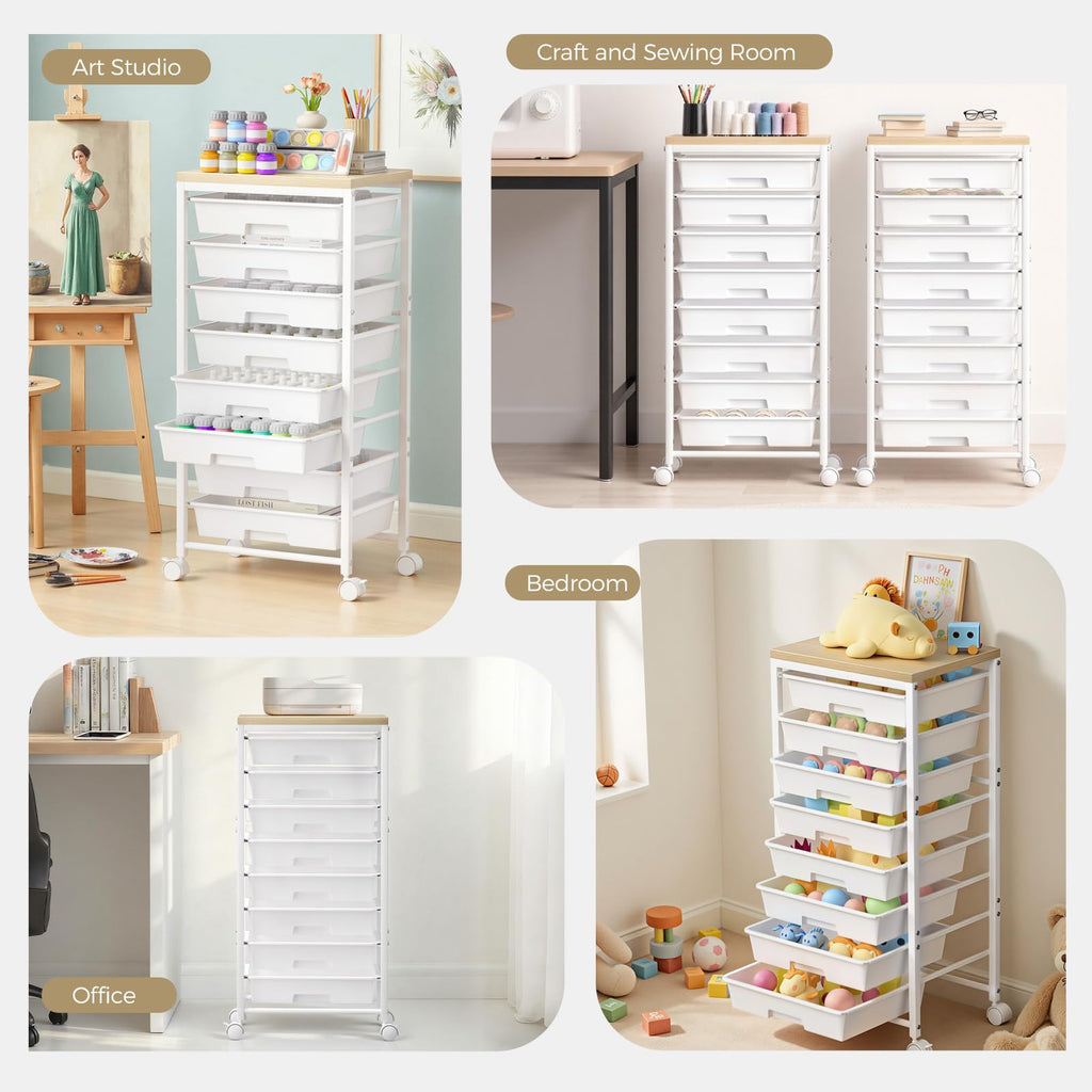 White 8 Drawer Rolling Storage Cart with Wooden Tabletop F479