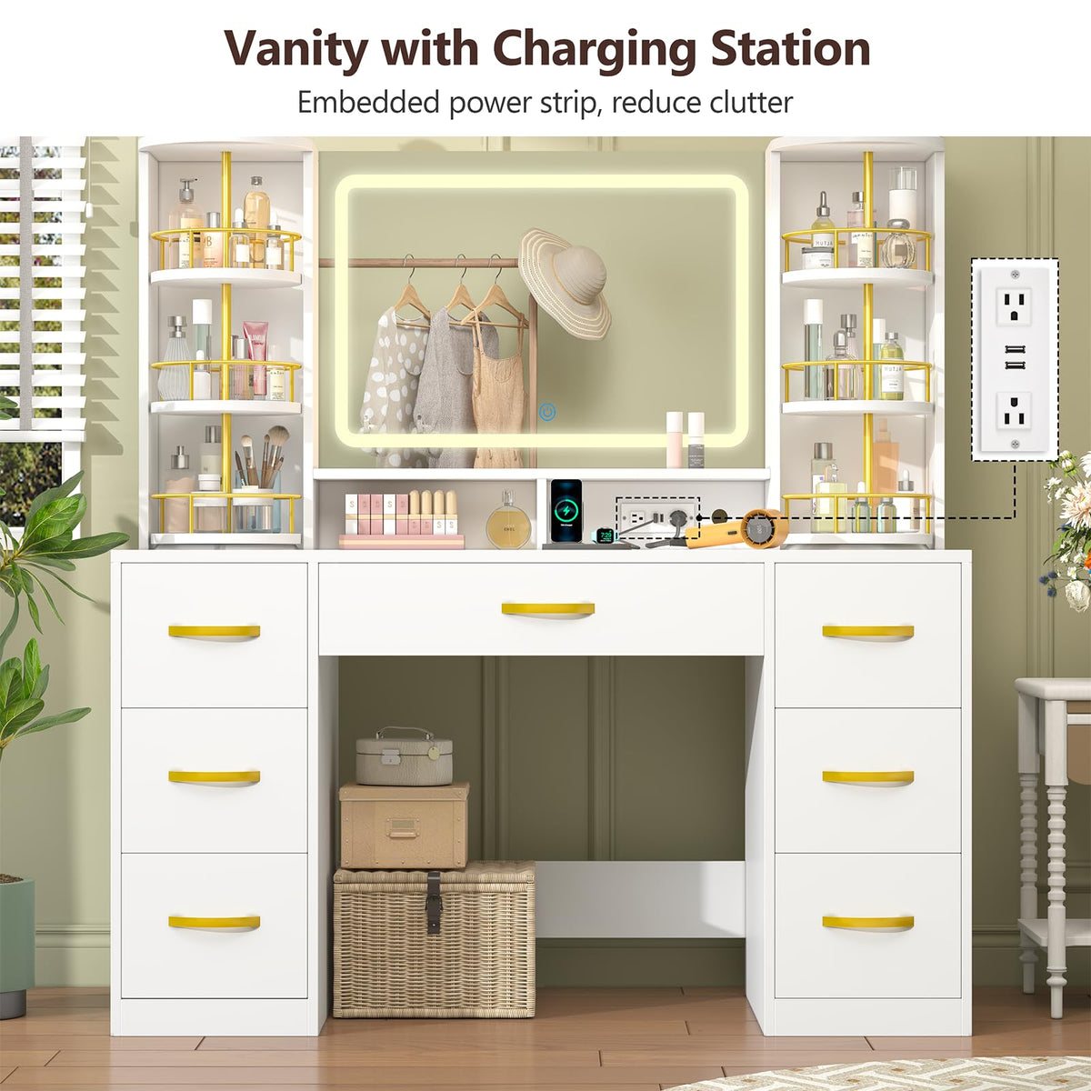 Vanity Desk with Mirror and Lights, 7 Drawers Q7915