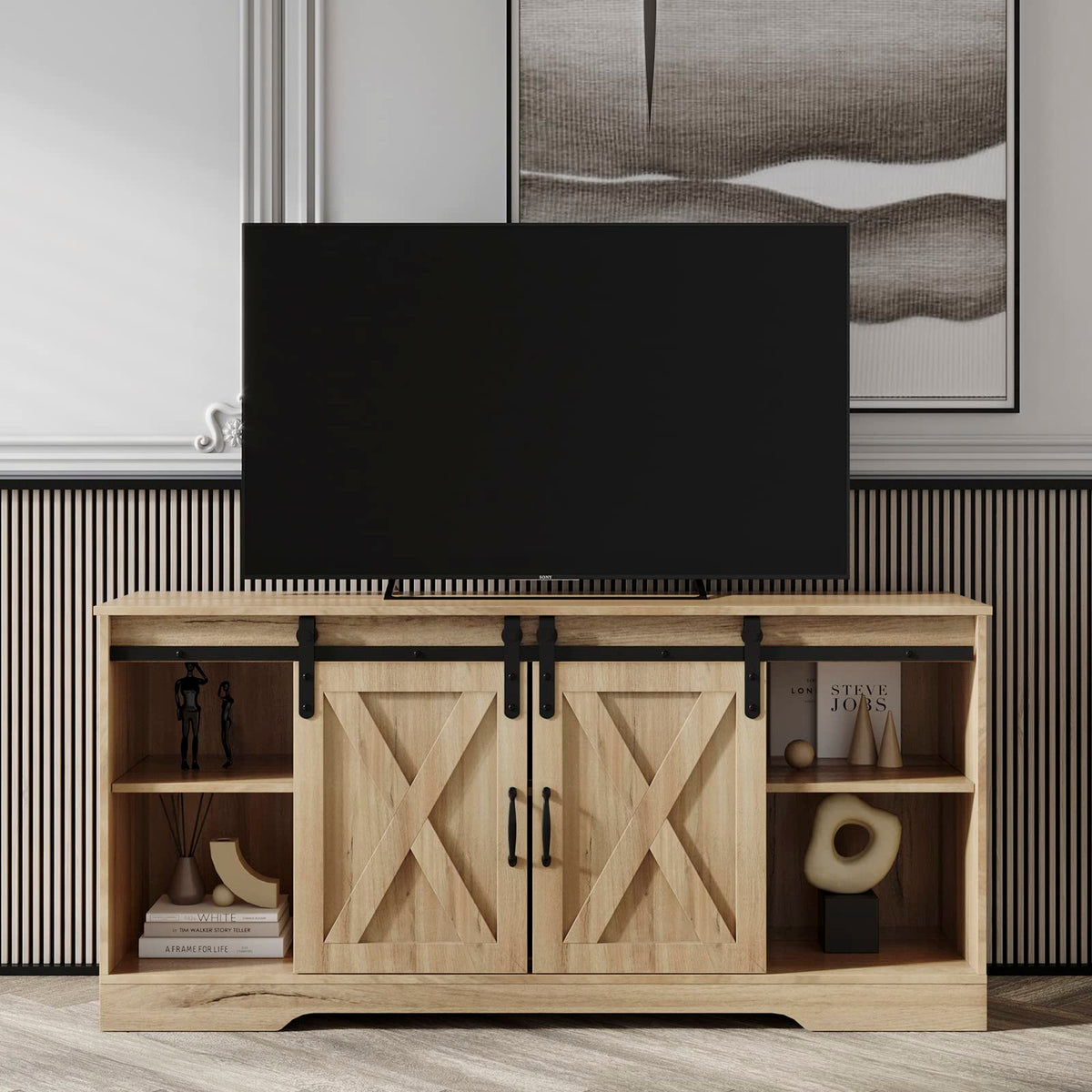 Farmhouse Wood TV Stand with Sliding Barn Door and Storage Cabinet T320