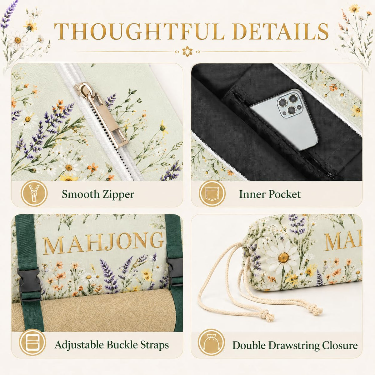 3-Piece Mahjong Bag Set with Mat Holder Straps A476