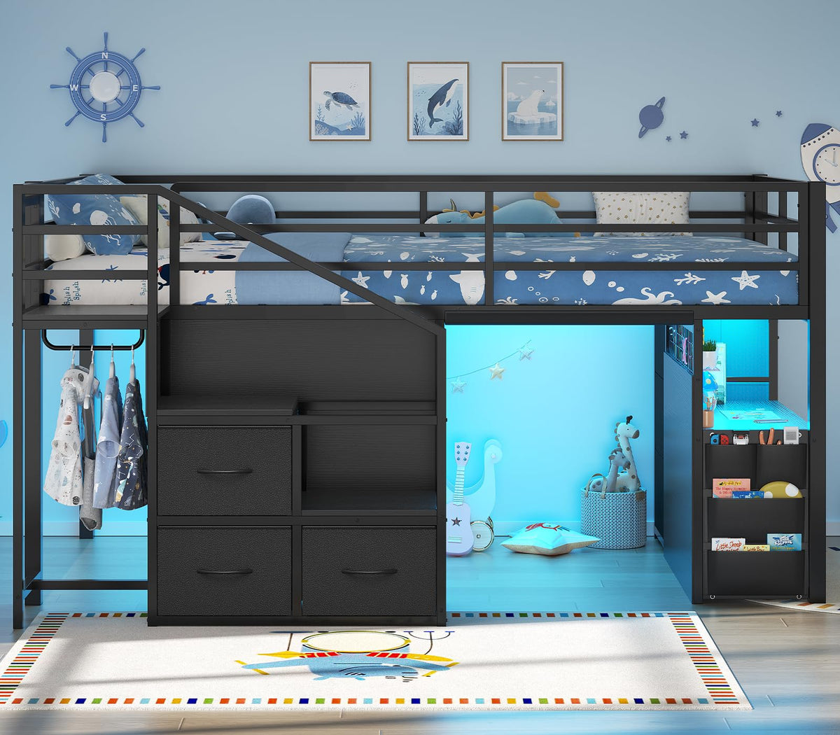 Twin Low Loft Bed with Stairs, Desk, 6 Storage Drawers, Black M216