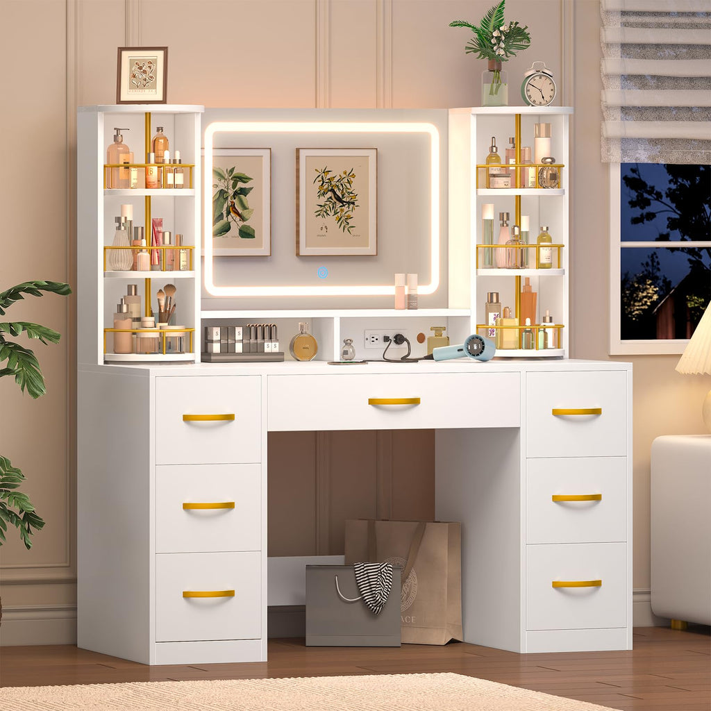 Vanity Desk with Mirror and Lights, 7 Drawers Q7915