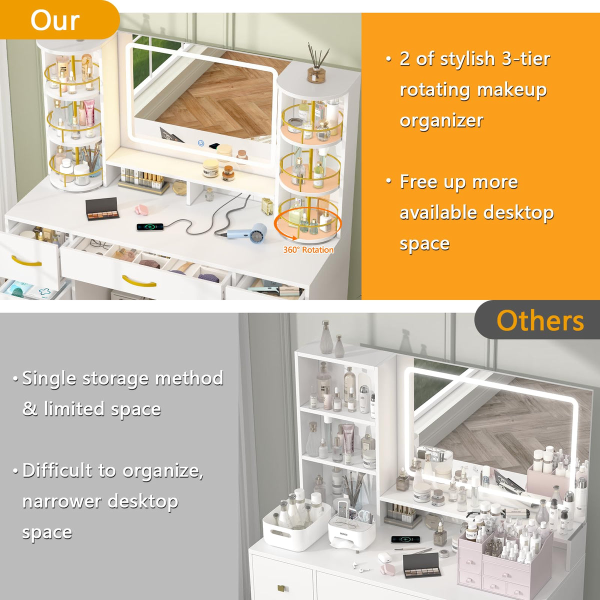 Vanity Desk with Mirror and Lights, 7 Drawers Q7915