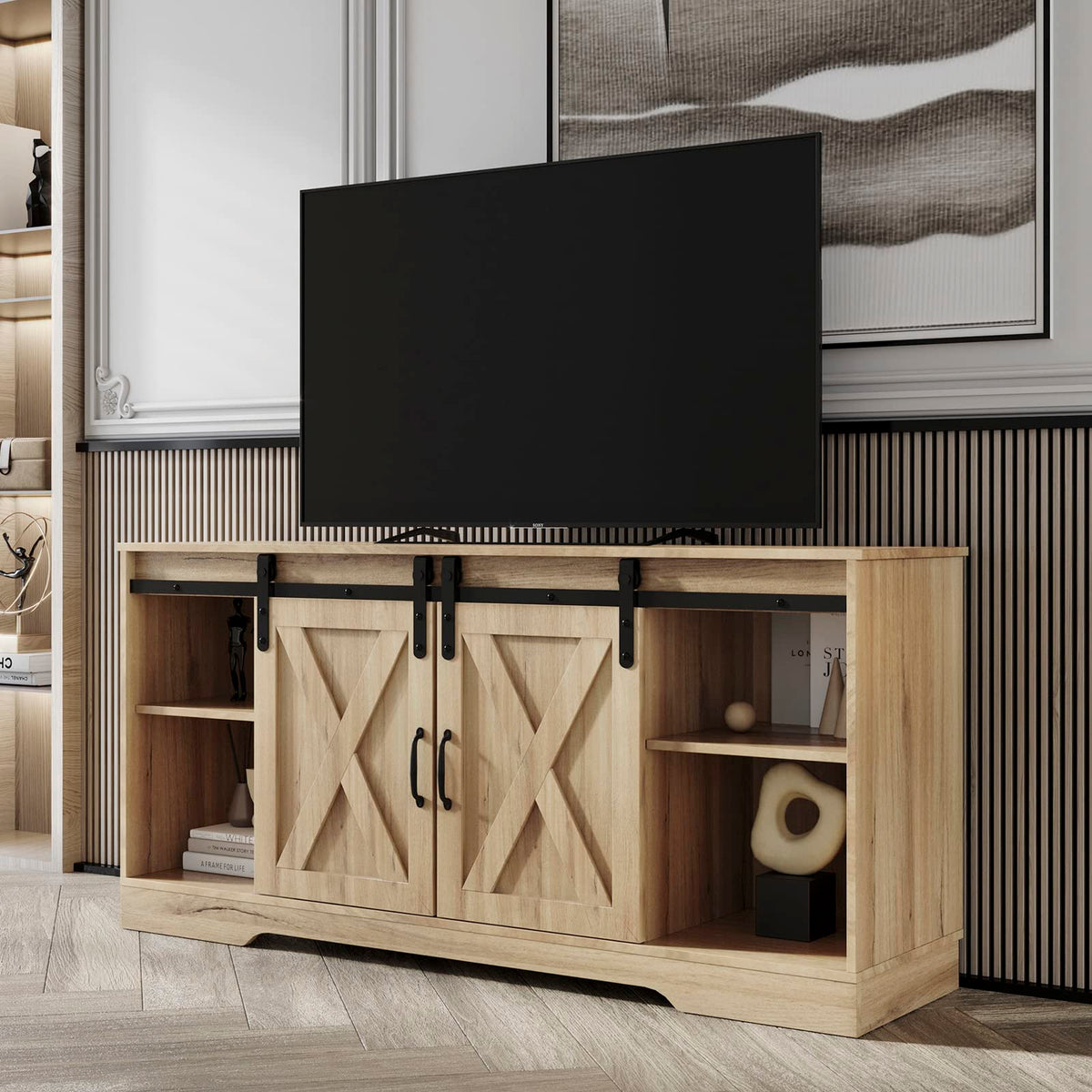 Farmhouse Wood TV Stand with Sliding Barn Door and Storage Cabinet T320