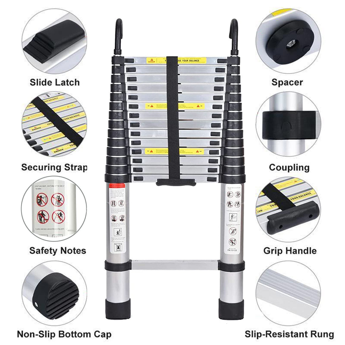 Aluminum Telescoping Ladder with Hooks, 20.3FT One Button Retraction 330lbs Capacity B74195