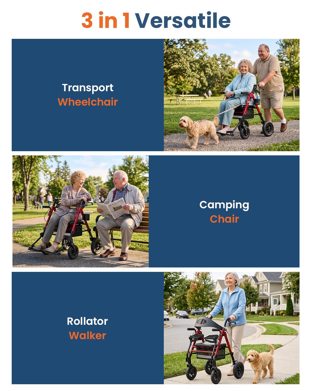 Lightweight Aluminum Folding Rollator & Transport Wheelchair with Seat K3444