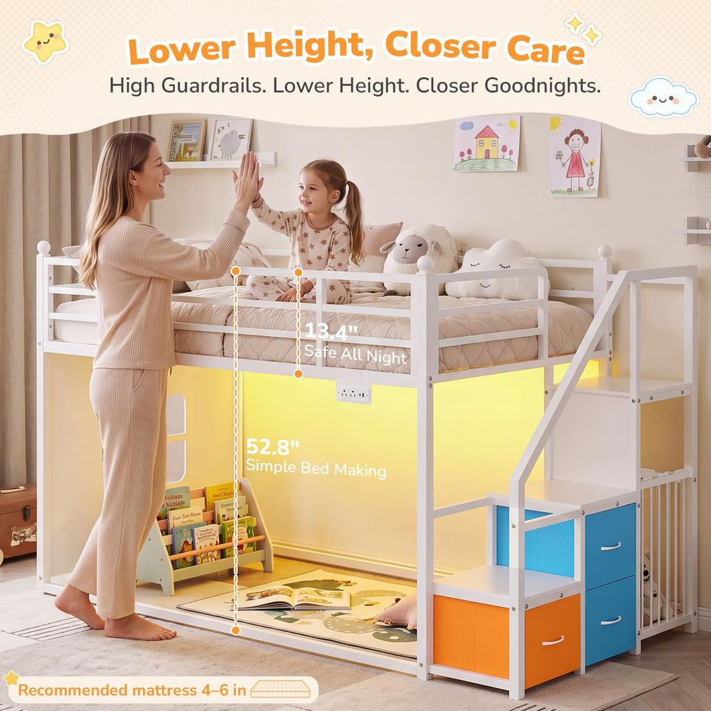White Twin Over Twin Bunk Bed with Stairs and 3 Storage Drawers I544731