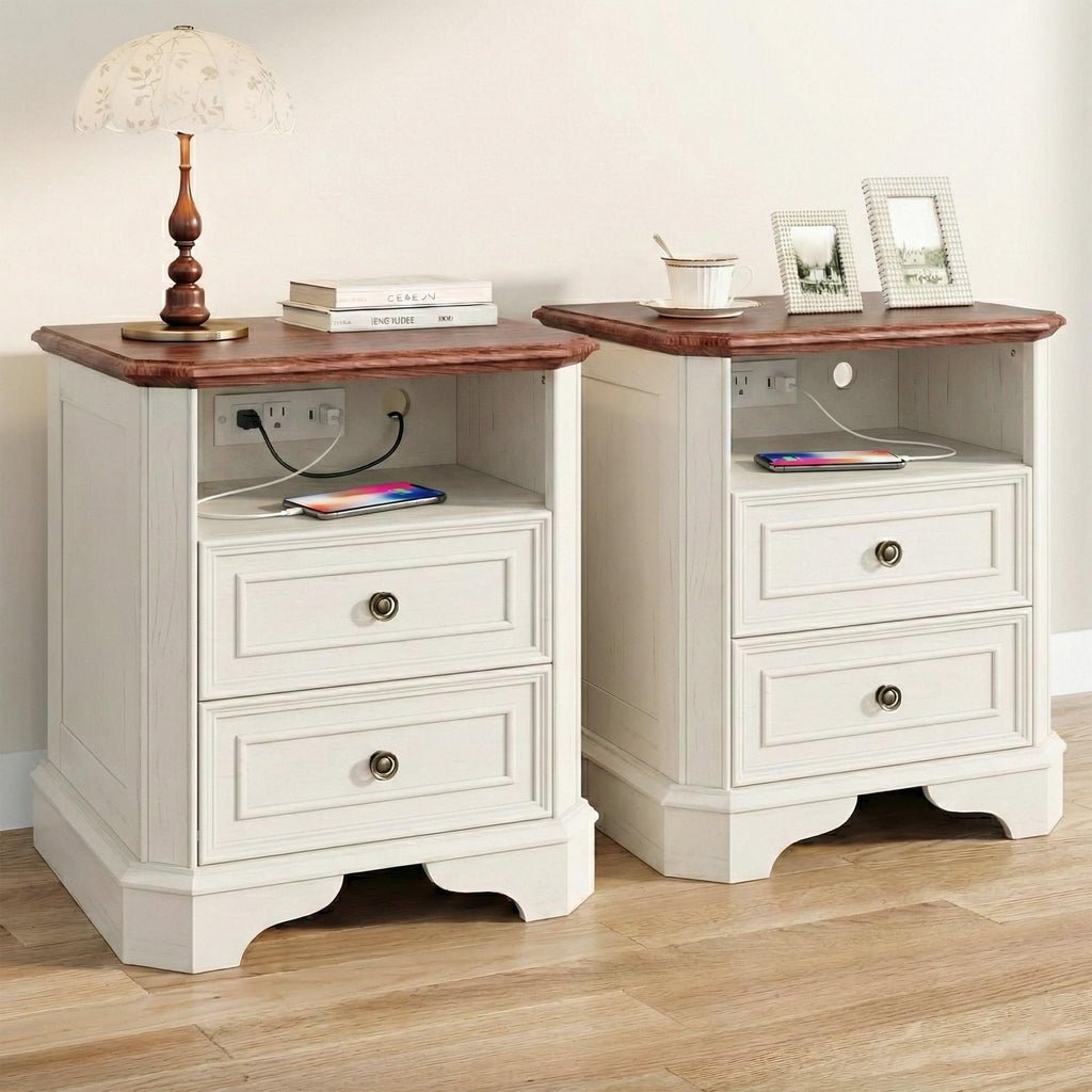 White Set of 2 Nightstand with Charging Station, 2 Drawers and Open Shelf E66839