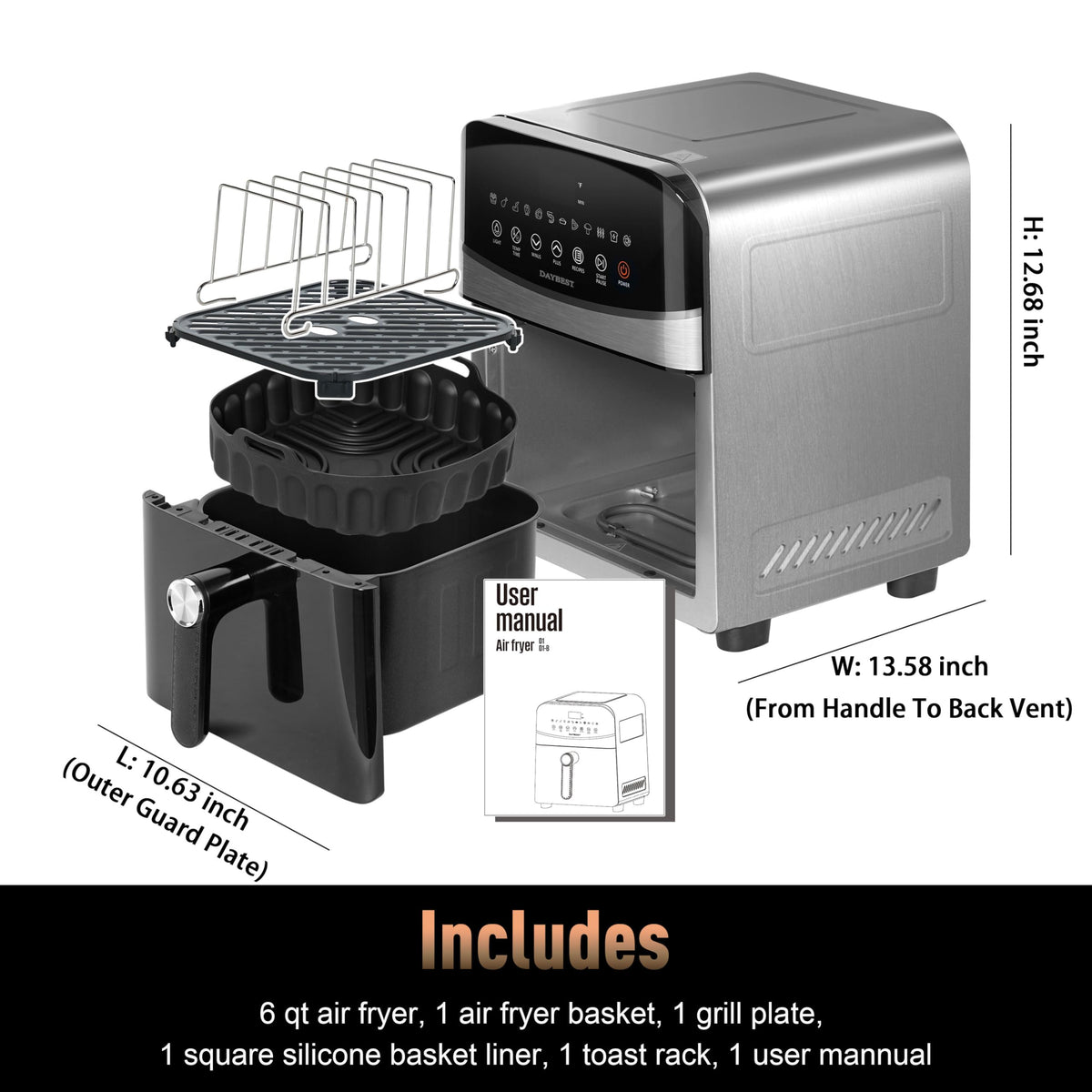 Stainless Steel Ceramic Coated 6QT Air Fryer U8921