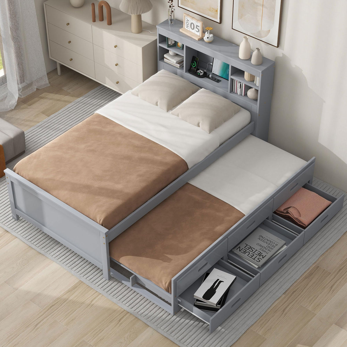 Twin Size Wood Platform Bed with Trundle and 3 Drawers E1215