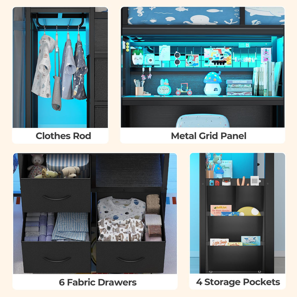 Twin Low Loft Bed with Stairs, Desk, 6 Storage Drawers, Black M216