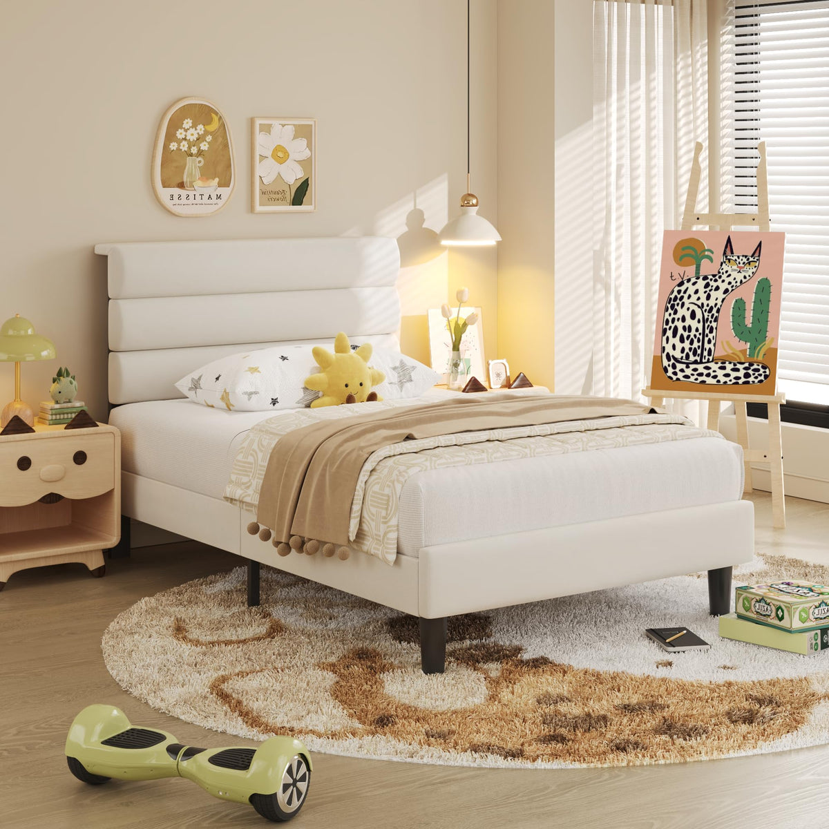 Beige Velvet Upholstered Twin Platform Bed Frame I21216