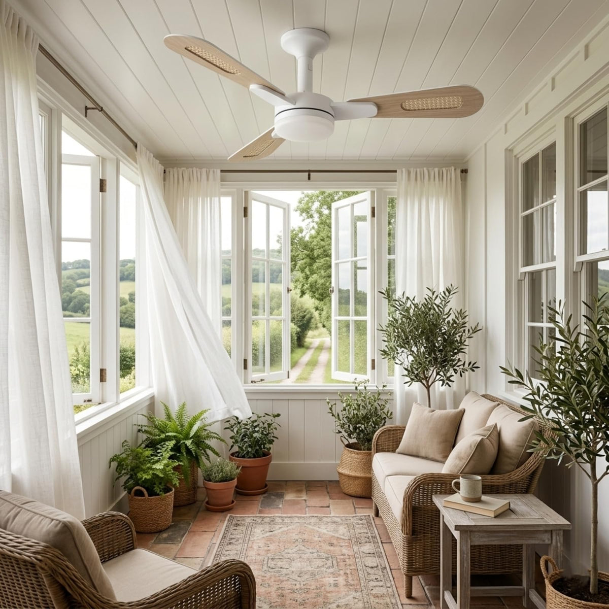 42 inch White Flush Mount Ceiling Fan with Lights and Remote O3832