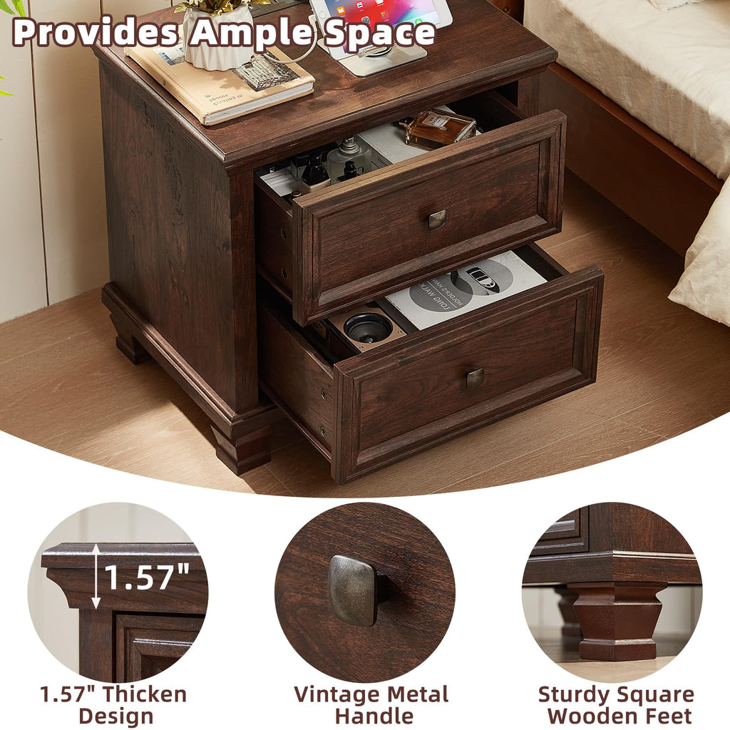 Nightstand Set of 2 with Charging Stations, 2 Drawers, Walnut U6162