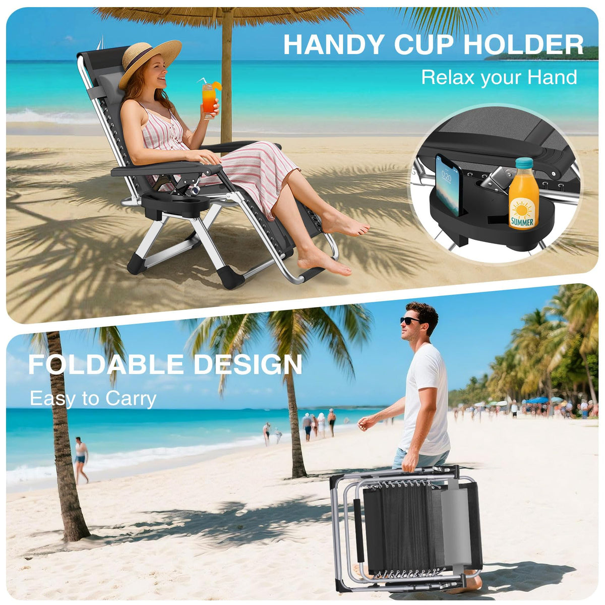 Zero Gravity Reclining Camping Lounge Chair with Cup Holder G1251