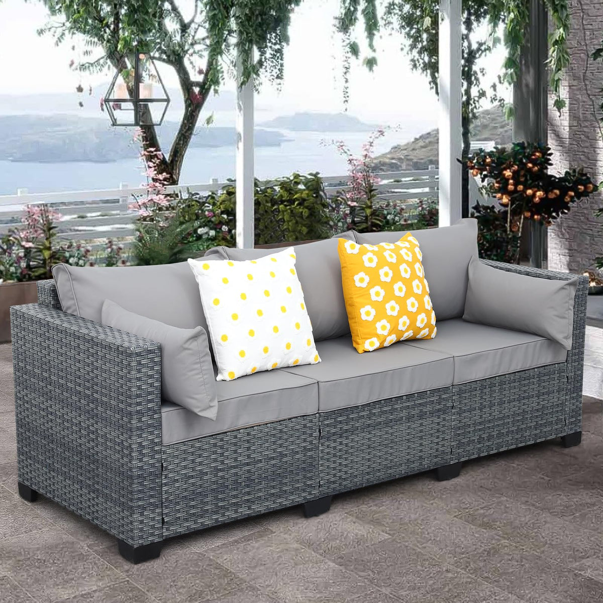 Light Grey Wicker 3-seat Outdoor Sofa with Cushions P513