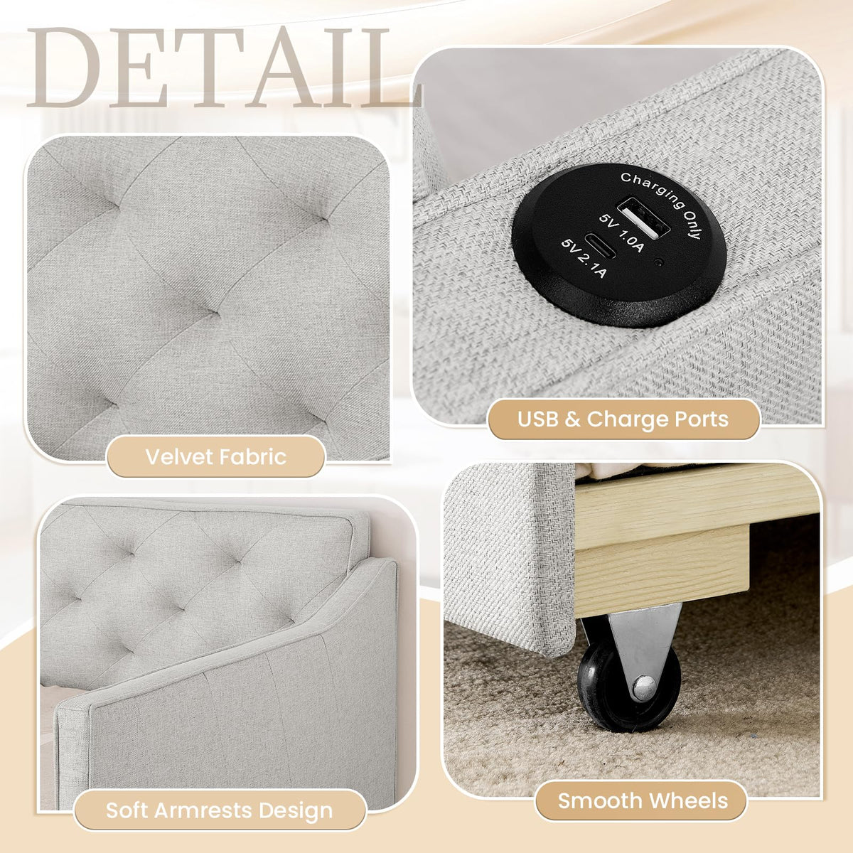 Twin to King Upholstered Tufted Linen Daybed with Pop Up Trundle L925689