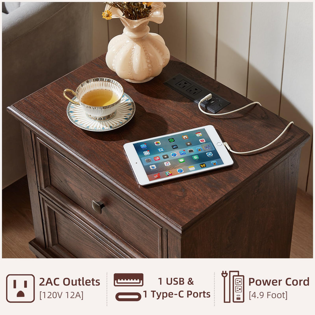 Nightstand Set of 2 with Charging Stations, 2 Drawers, Walnut U6162