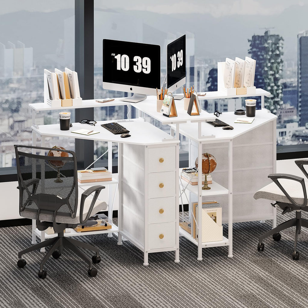 White Corner Desk with Drawers Shelves and Power Outlets I519